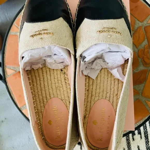 🍀KATE SPADE Garden Black Leather & Natural Canvas Espadrilles - Picture 3 of 6